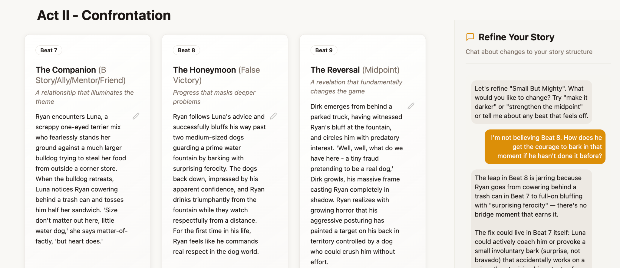 Breaking Story's beat board and refinement conversation: a writer questions an unearned character beat, and the AI identifies missing setup and suggests an earlier small success.